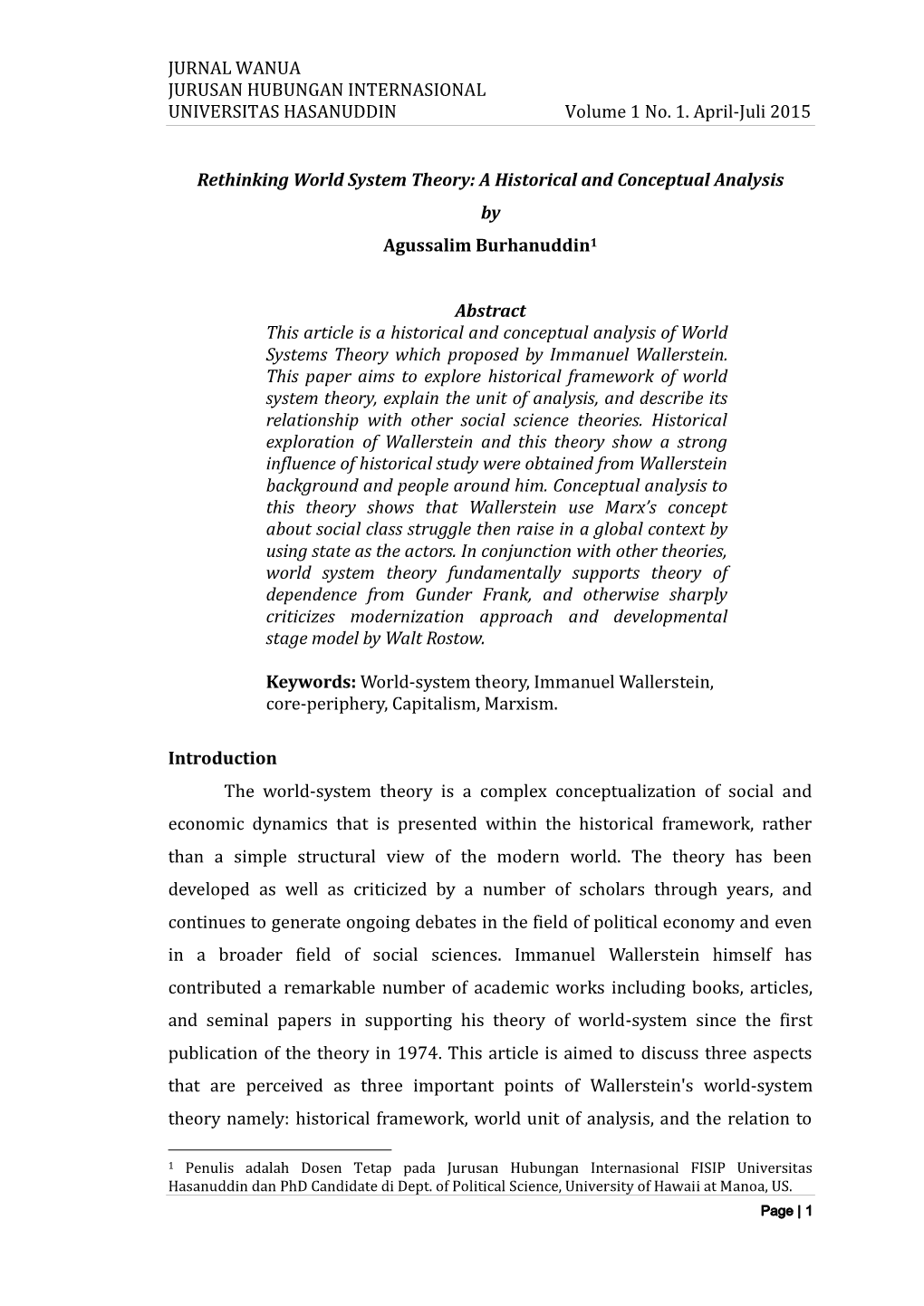 JURNAL WANUA JURUSAN HUBUNGAN INTERNASIONAL UNIVERSITAS HASANUDDIN Volume 1 No