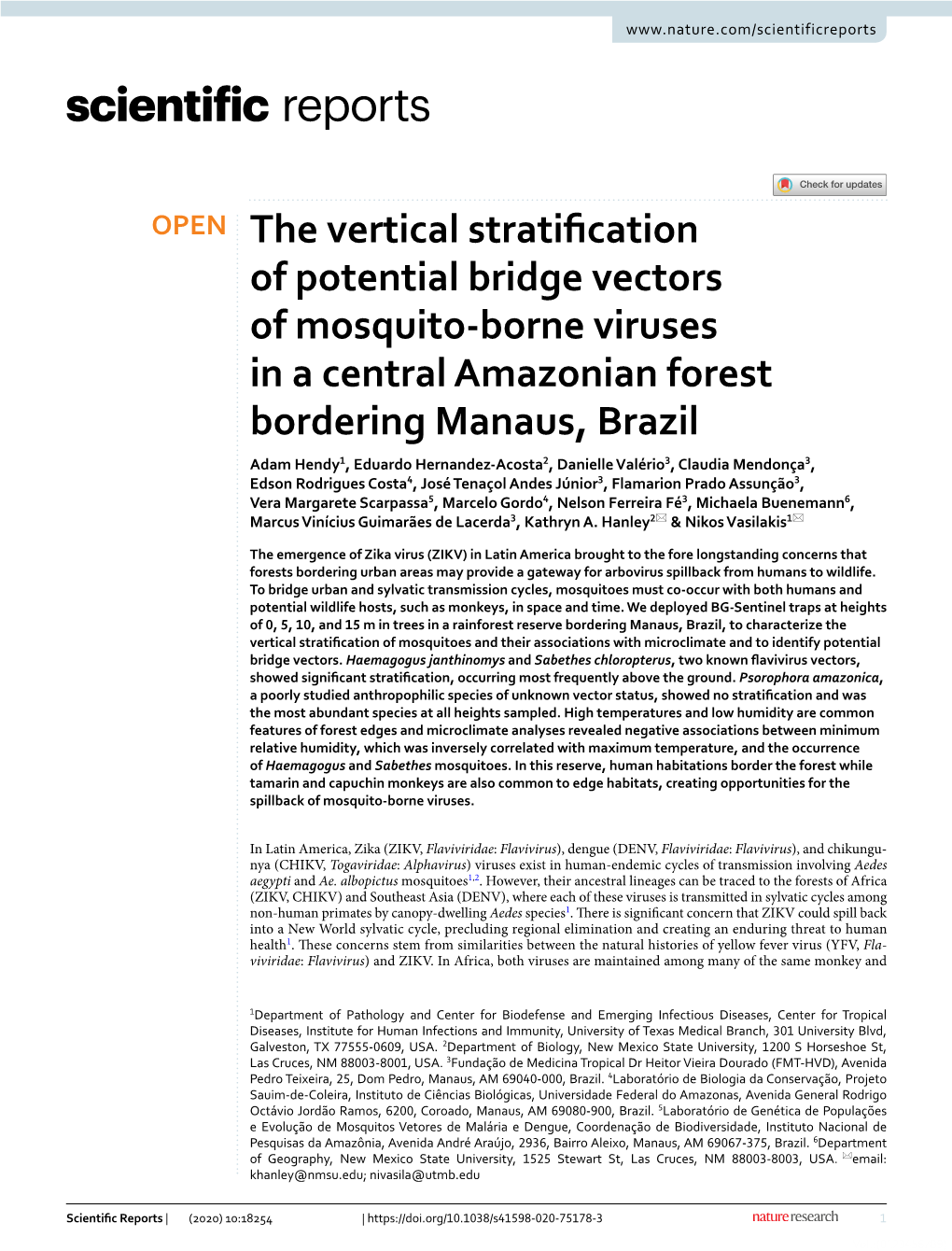 The Vertical Stratification of Potential Bridge Vectors of Mosquito-Borne Viruses in a Central Amazonian Forest Bordering Manaus