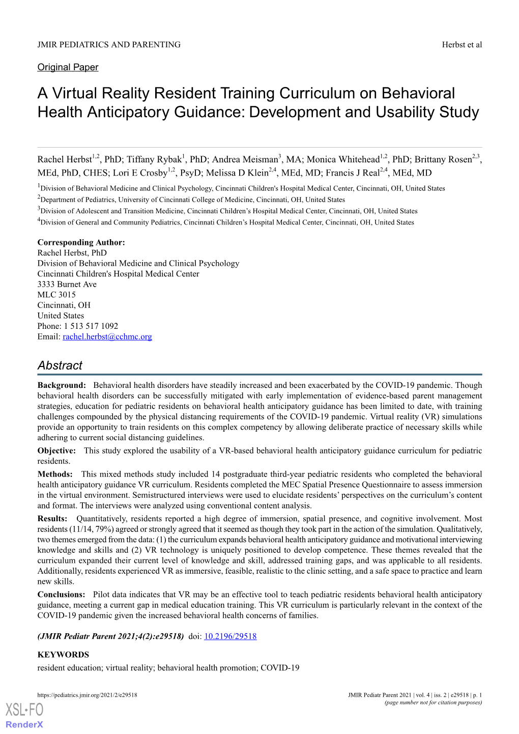 A Virtual Reality Resident Training Curriculum on Behavioral Health Anticipatory Guidance: Development and Usability Study