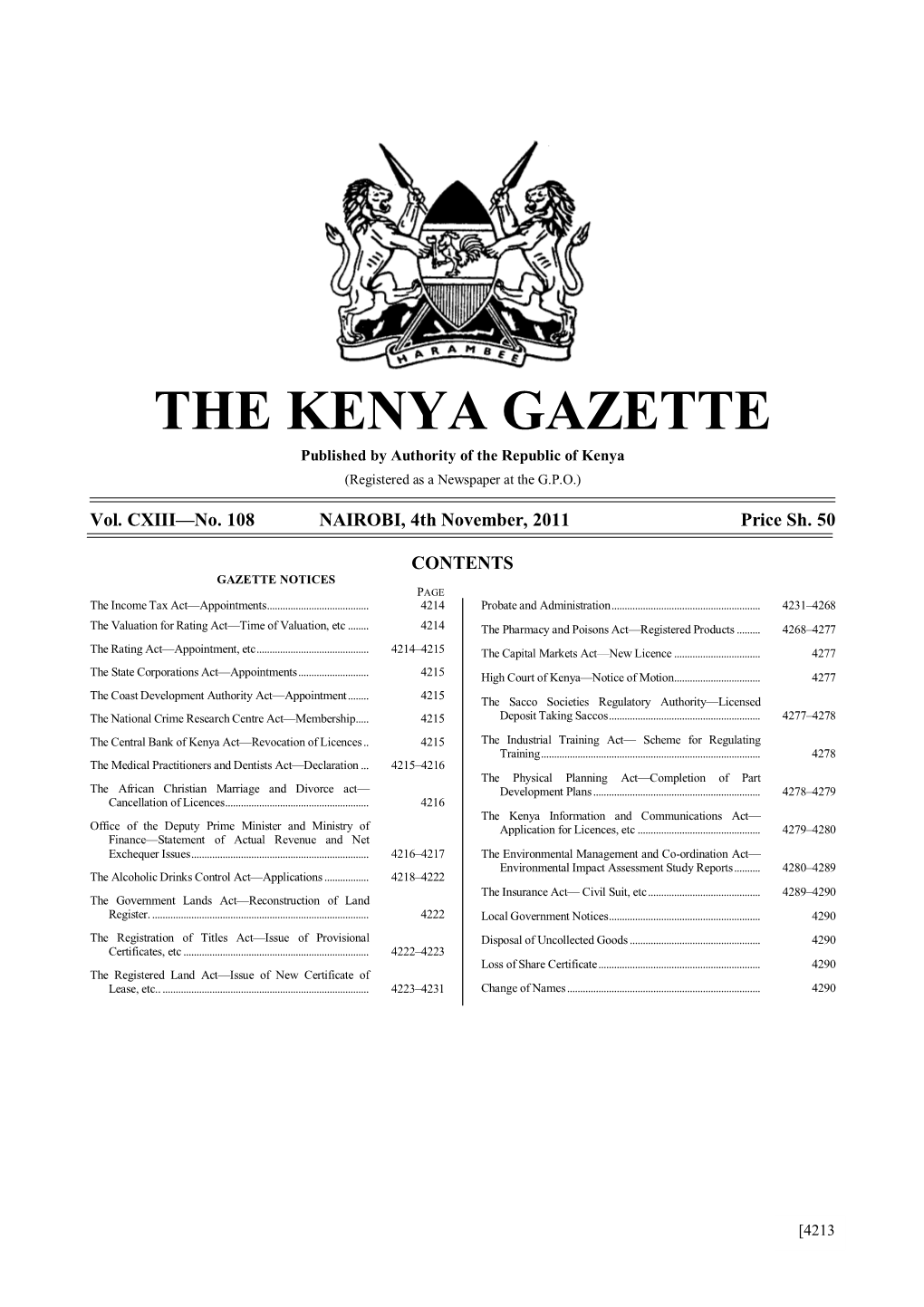 THE KENYA GAZETTE Published by Authority of the Republic of Kenya (Registered As a Newspaper at the G.P.O.)