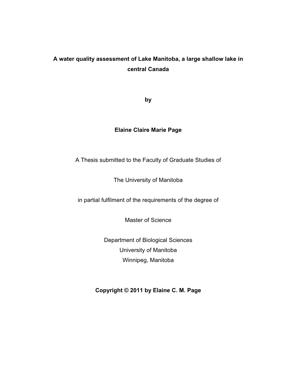 A Water Quality Assessment of Lake Manitoba, a Large Shallow Lake in Central Canada