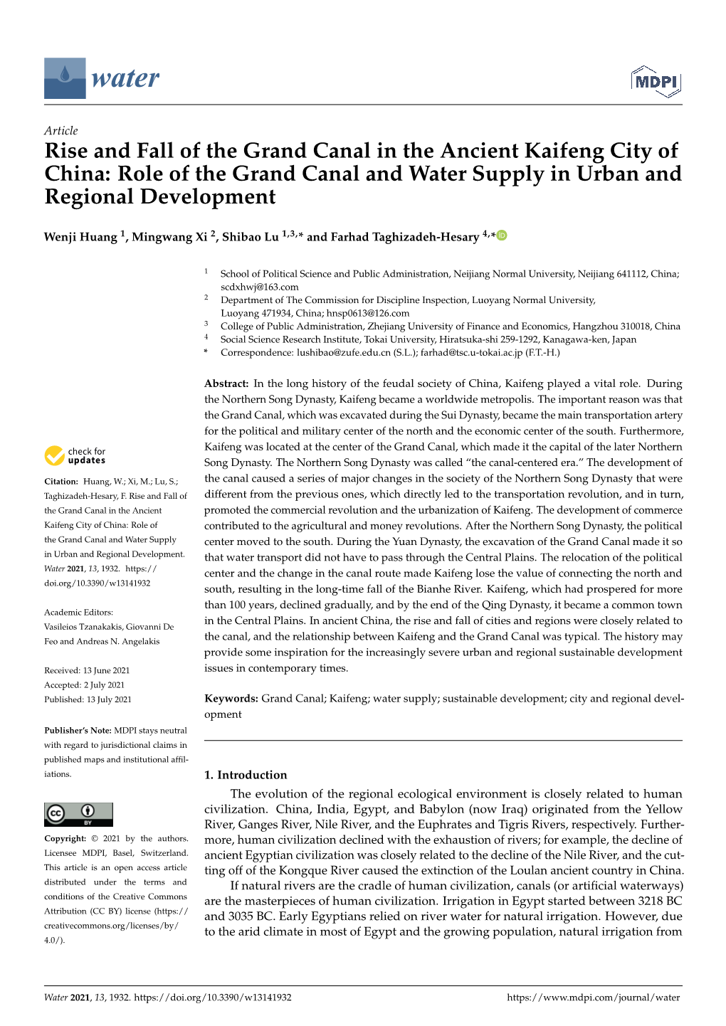 Rise and Fall of the Grand Canal in the Ancient Kaifeng City of China: Role of the Grand Canal and Water Supply in Urban and Regional Development