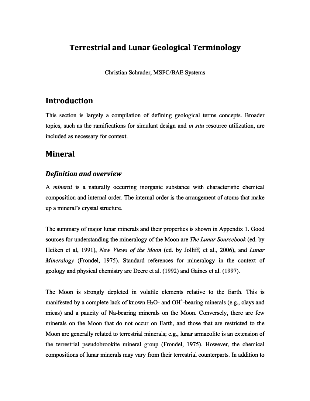 Terrestrial and Lunar Geological Terminology Introduction Mineral