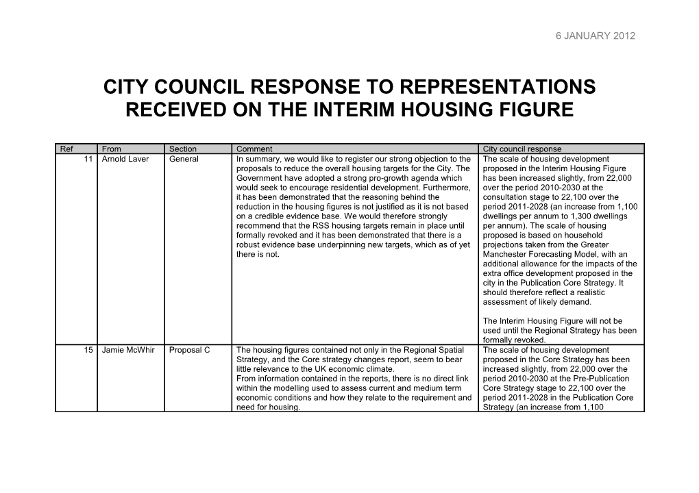 City Council Response to Representations Received on the Pre-Publication Core Strategy