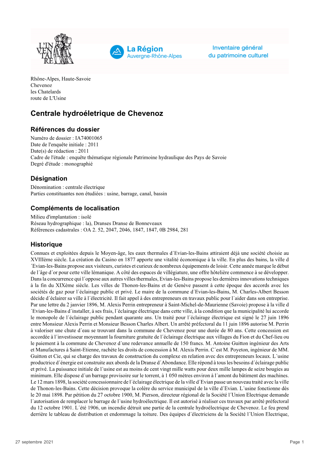 Centrale Hydroéletrique De Chevenoz