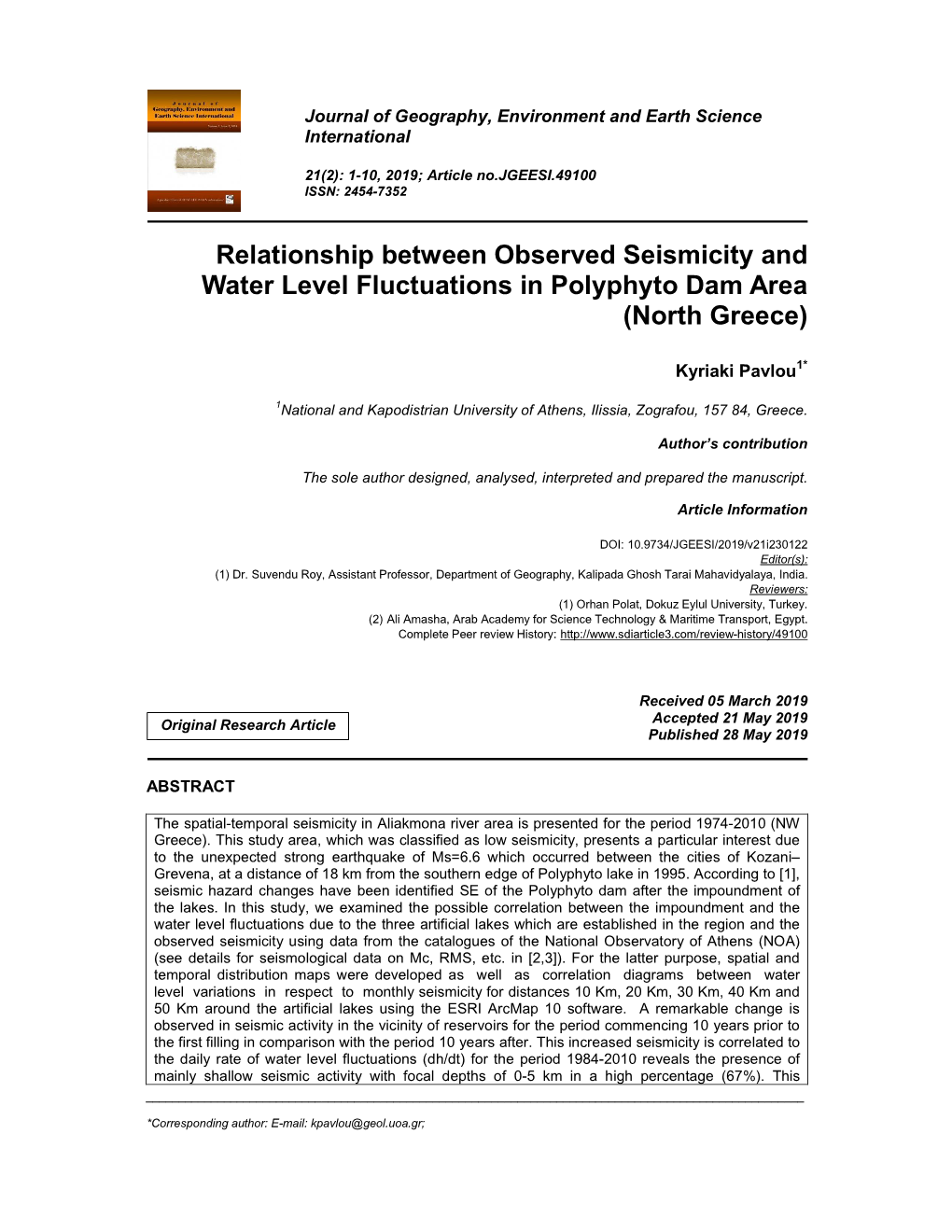 Relationship Between Observed Seismicity and Water Level Fluctuations in Polyphyto Dam Area (North Greece)