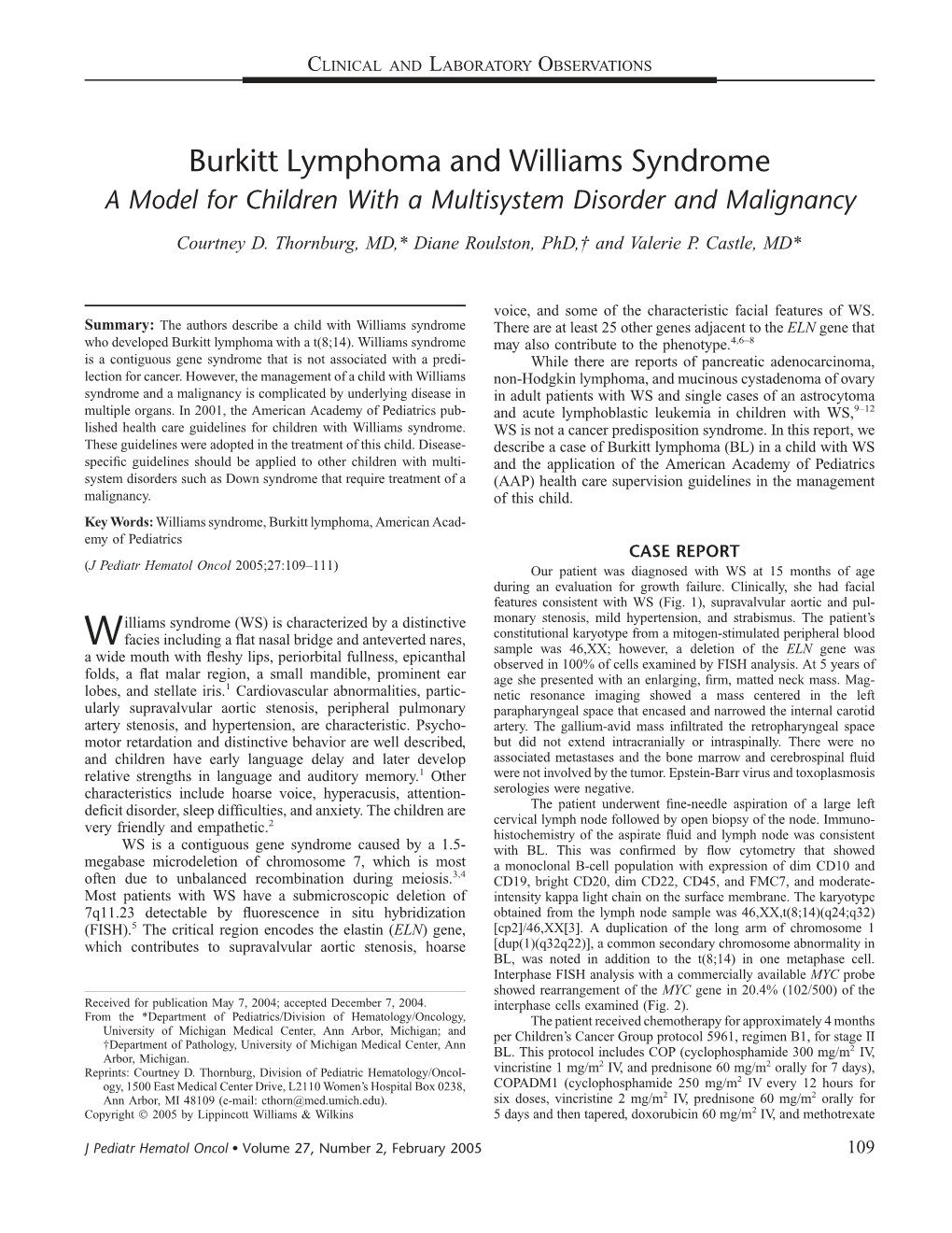Burkitt Lymphoma and Williams Syndrome a Model for Children with a Multisystem Disorder and Malignancy