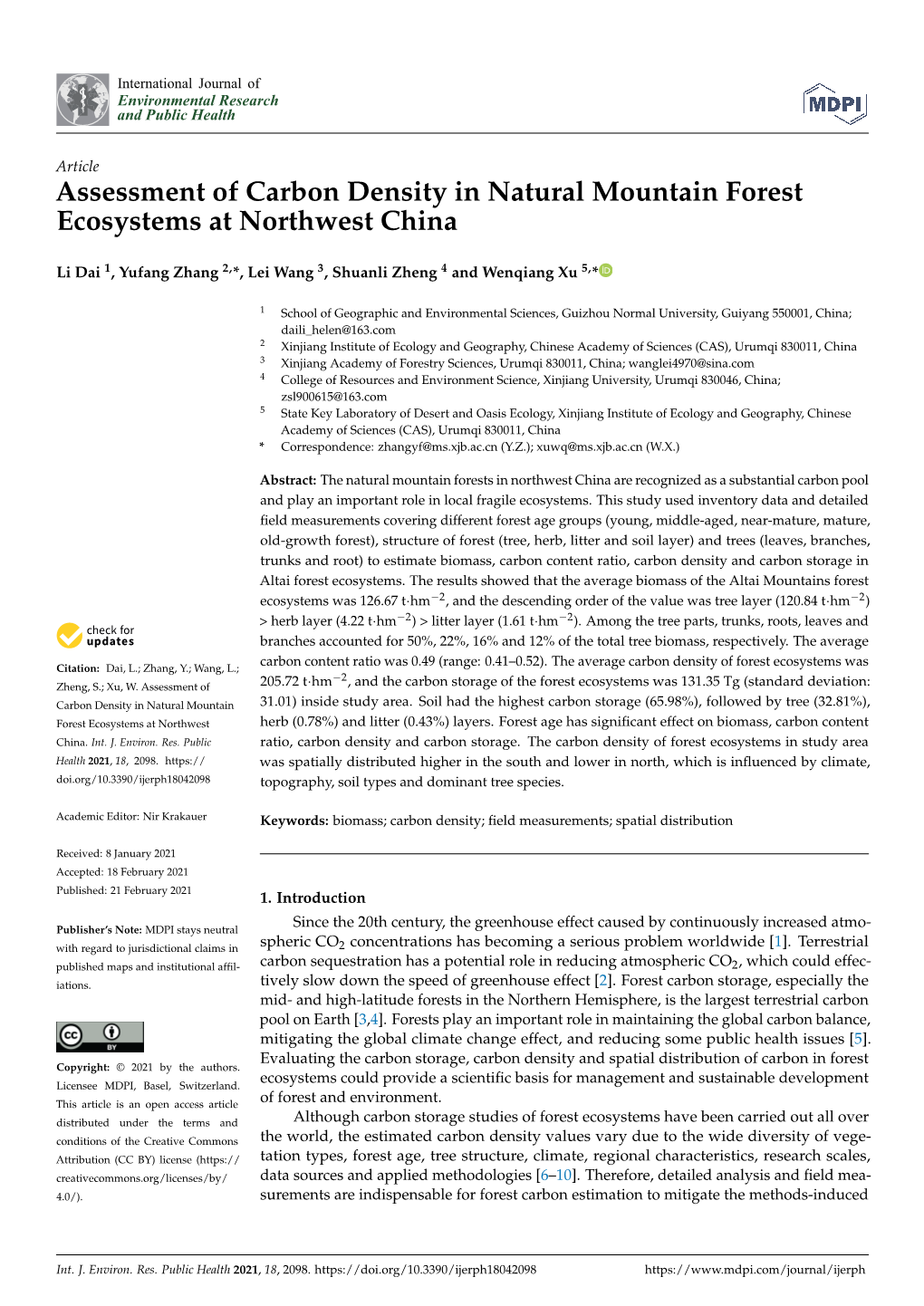 Assessment of Carbon Density in Natural Mountain Forest Ecosystems at Northwest China