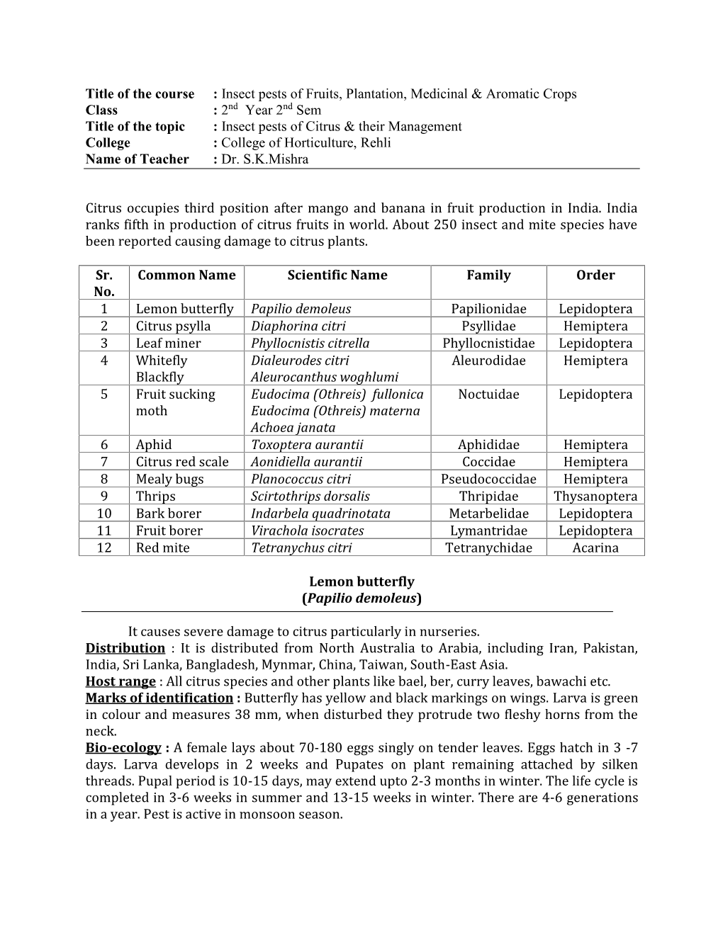 Insect Pests of Fruits, Plantation, Medicinal & Aromatic Crops Class