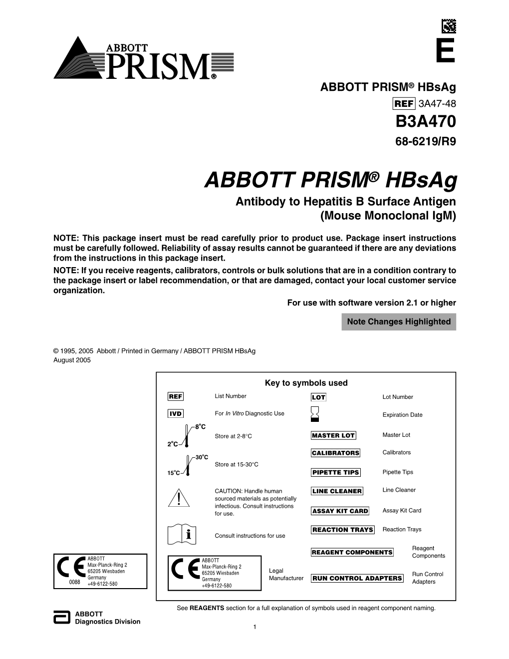 ABBOTT PRISM® Hbsag 3A47-48 B3A470 68-6219/R9