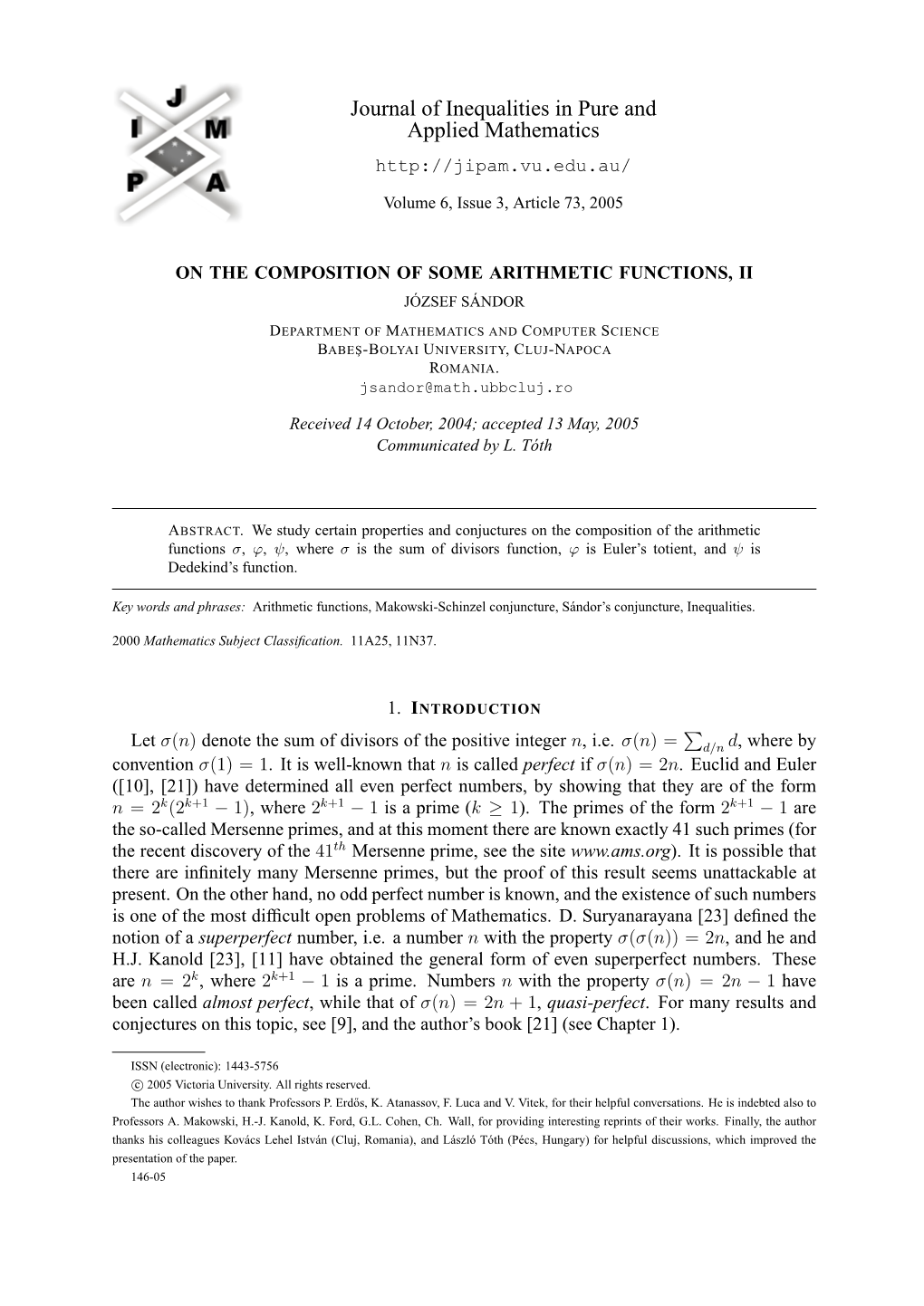 On the Composition of Some Arithmetic Functions, Ii József Sándor