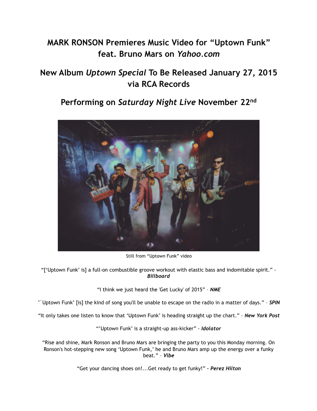 Mark Ronson Uptown Funk Video Final Press Release