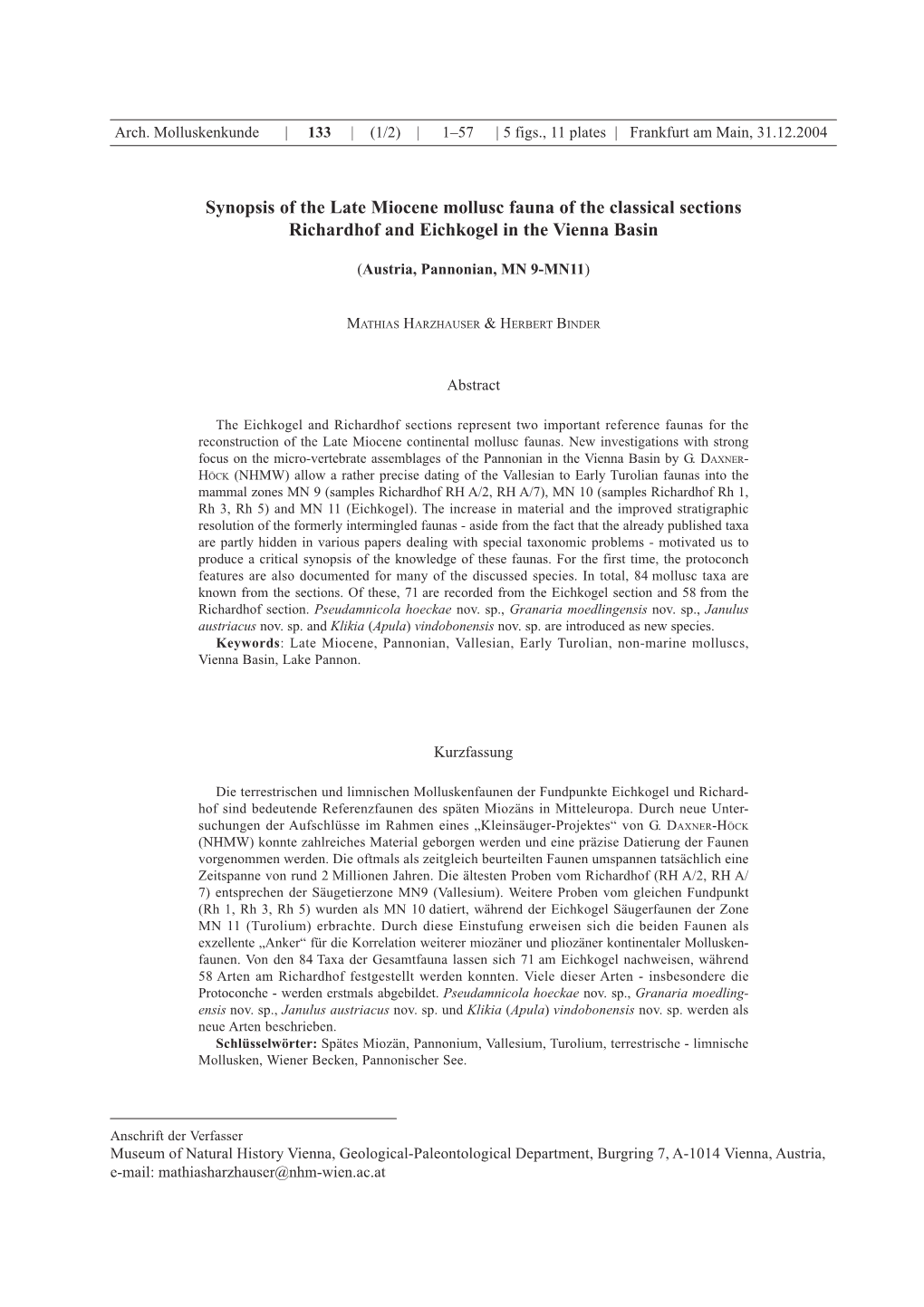 Synopsis of the Late Miocene Mollusc Fauna of the Classical Sections Richardhof and Eichkogel in the Vienna Basin