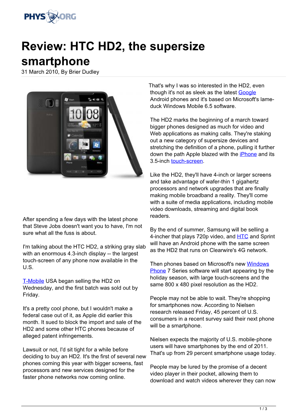 HTC HD2, the Supersize Smartphone 31 March 2010, by Brier Dudley