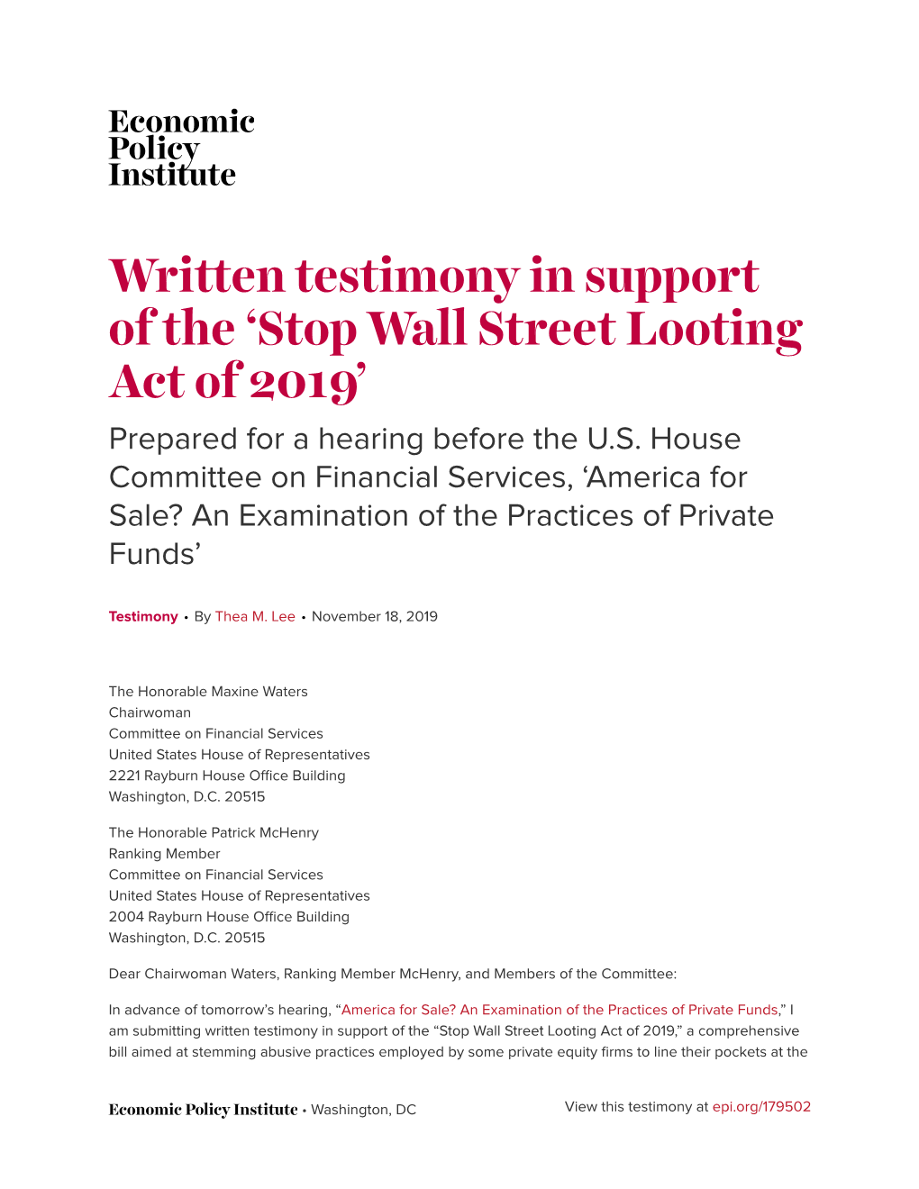 Stop Wall Street Looting Act of 2019’ Prepared for a Hearing Before the U.S