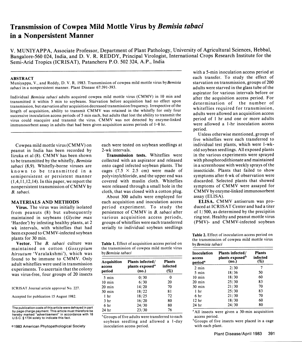 Transmission of Cowpea Mild Mottle Virus by Bemisia Tabaci in a Nonpersistent Manner