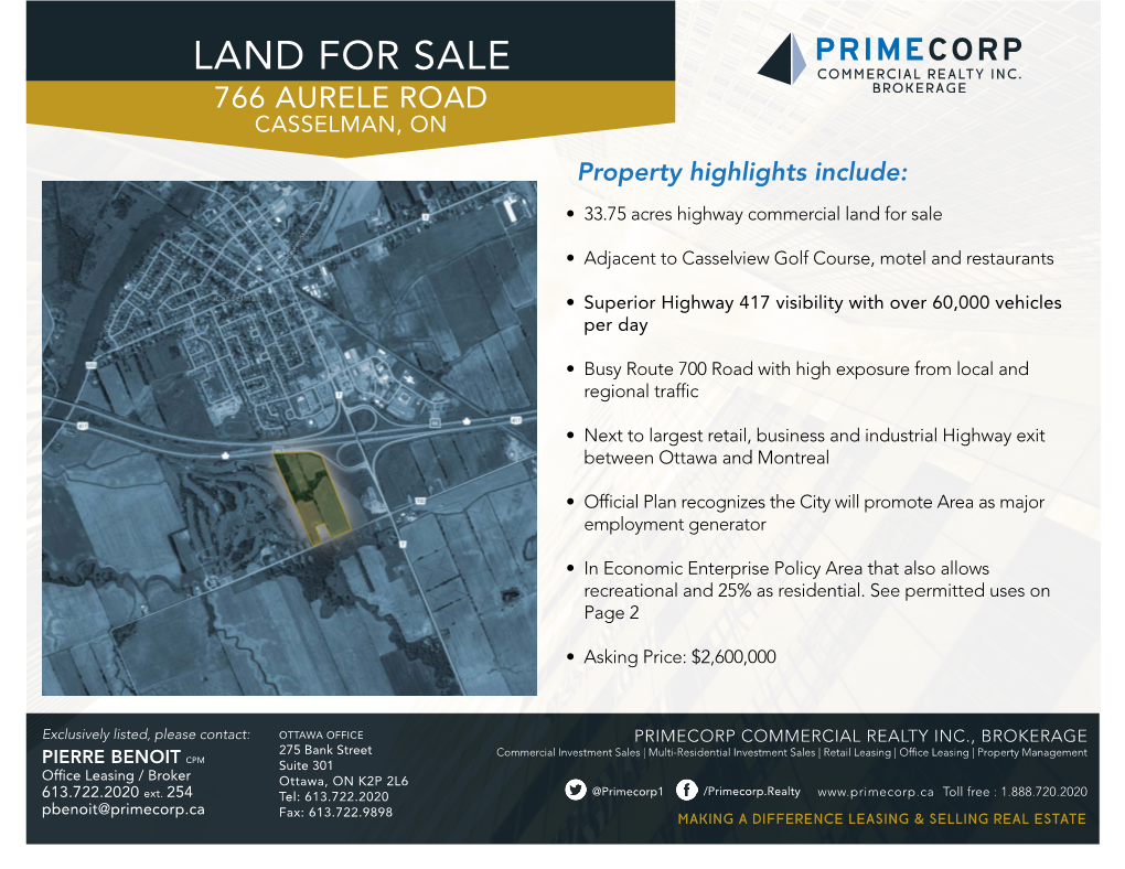 LAND for SALE 766 AURELE ROAD 390 MARCHCASSELMAN, ROAD, OTTAWA, on on Property Highlights Include