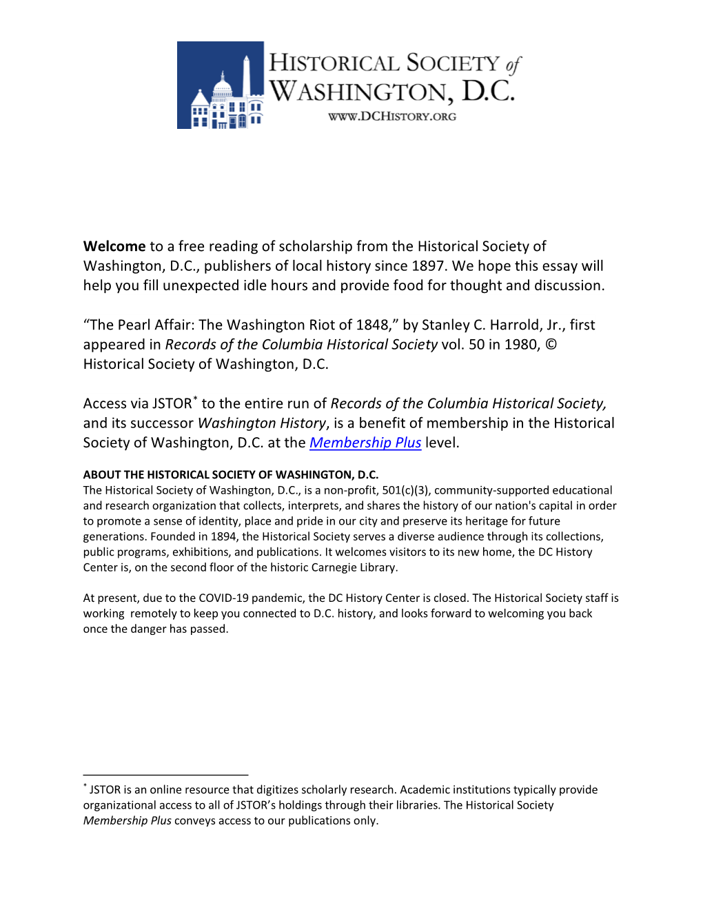 Welcome to a Free Reading of Scholarship from the Historical Society of Washington, D.C., Publishers of Local History Since 1897