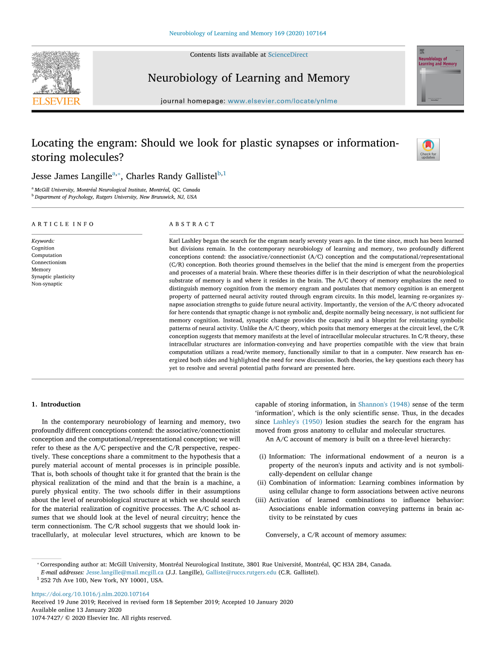 The Search for the Engram: Should We Look for Plastic Synapses Or