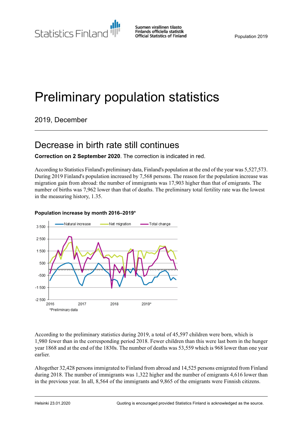 Preliminary Population Statistics