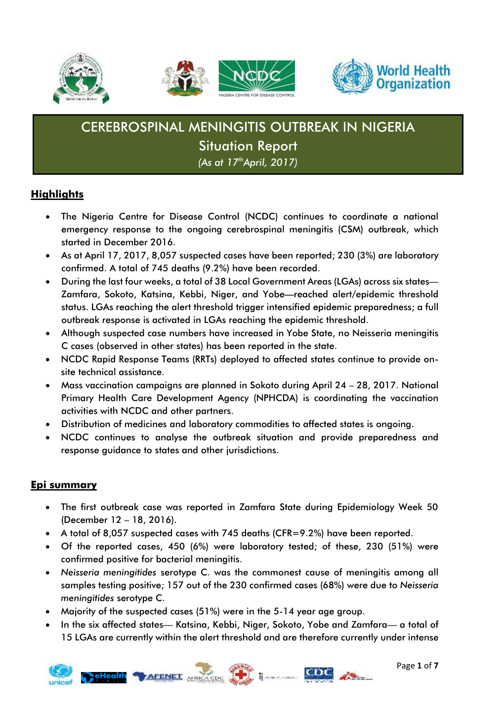 CEREBROSPINAL MENINGITIS OUTBREAK in NIGERIA Situation Report (As at 17Thapril, 2017)