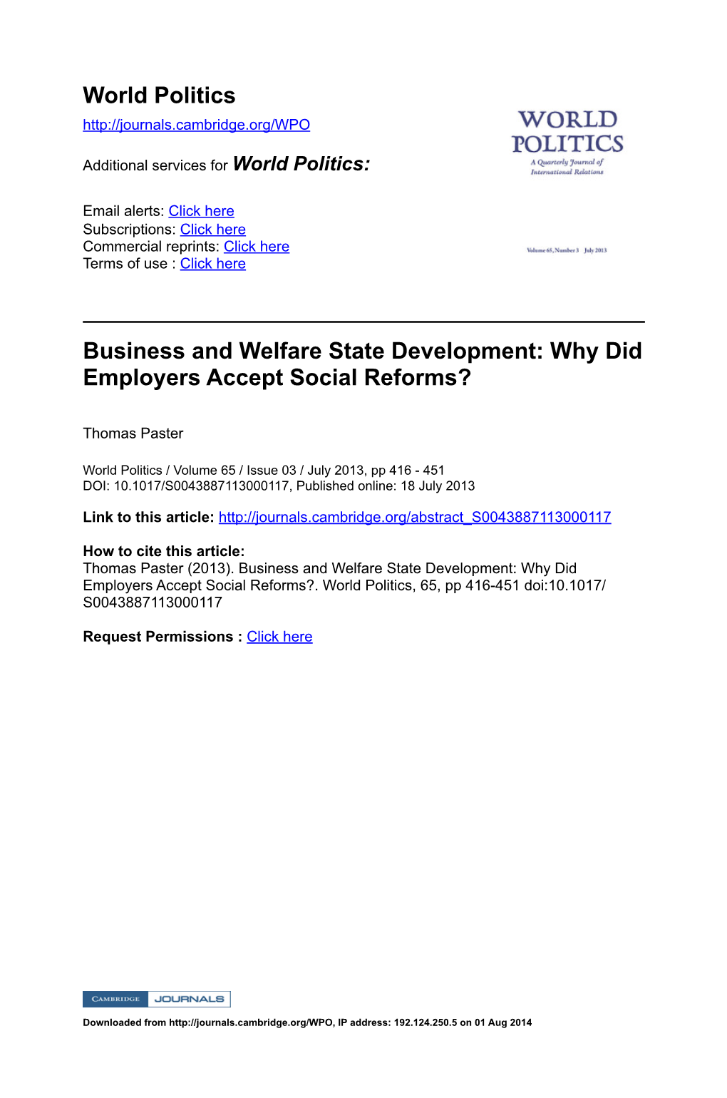 World Politics Business and Welfare State Development: Why Did Employers Accept Social Reforms?
