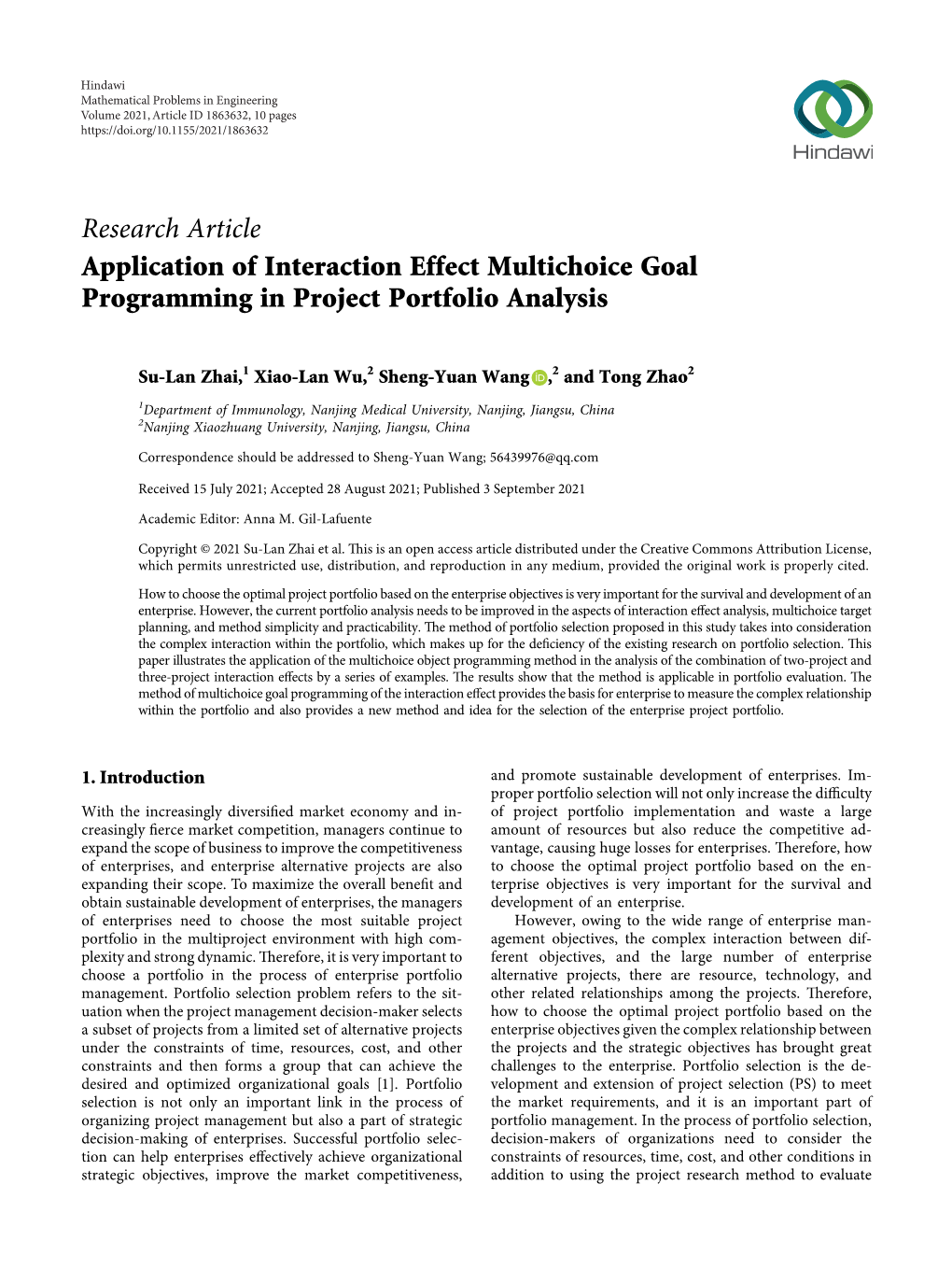 Research Article Application of Interaction Effect Multichoice Goal Programming in Project Portfolio Analysis