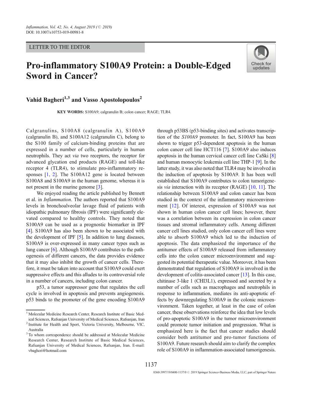 Pro-Inflammatory S100A9 Protein: a Double-Edged Sword in Cancer?