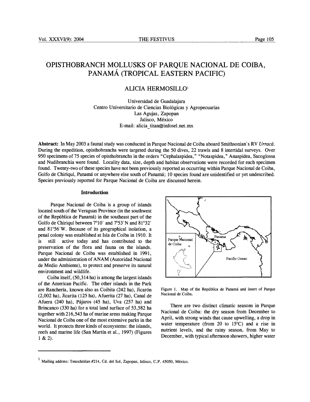 Opisthobranch Mollusks of Parque Nacional De Coiba, Panama (Tropical Eastern Pacific)