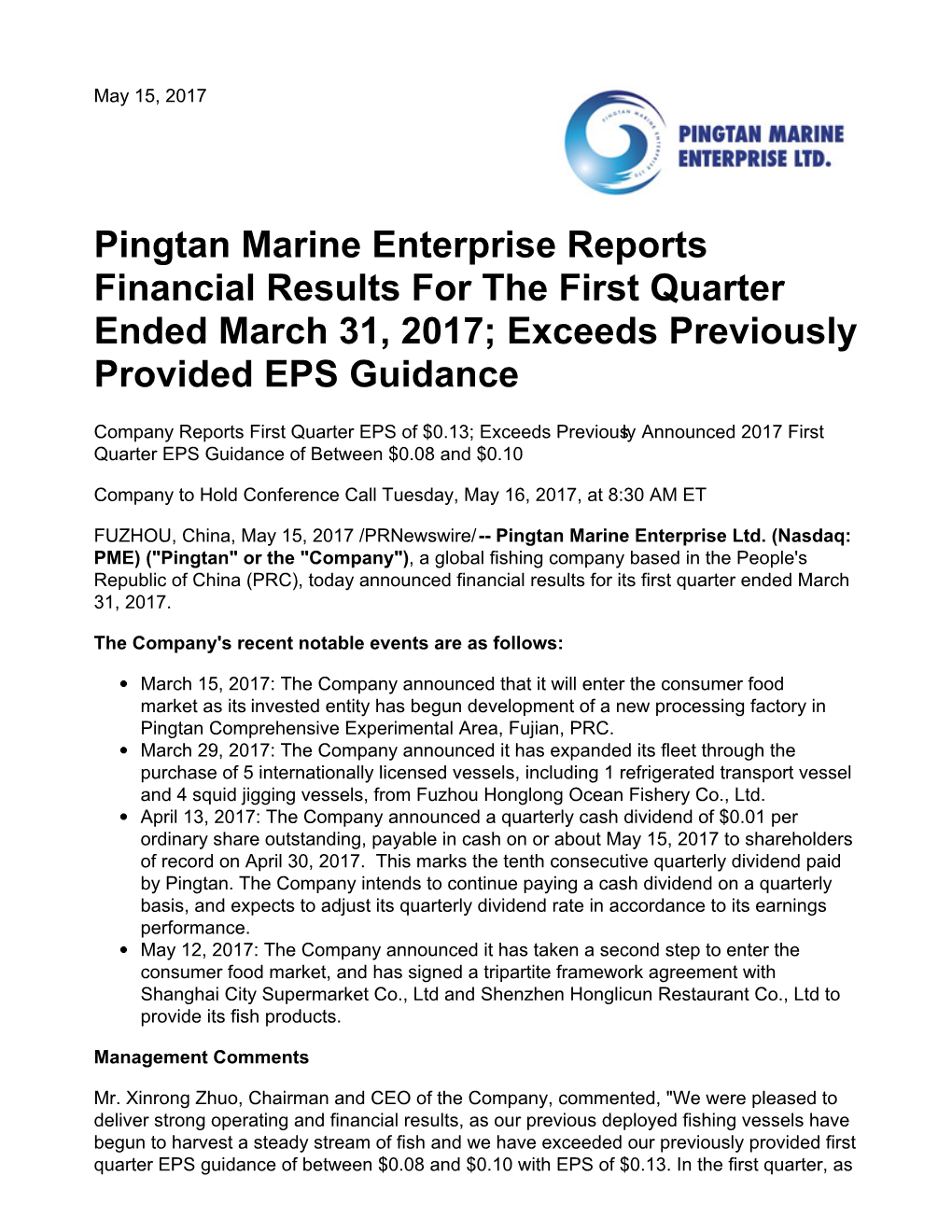 Pingtan Marine Enterprise Reports Financial Results for the First Quarter Ended March 31, 2017; Exceeds Previously Provided EPS Guidance