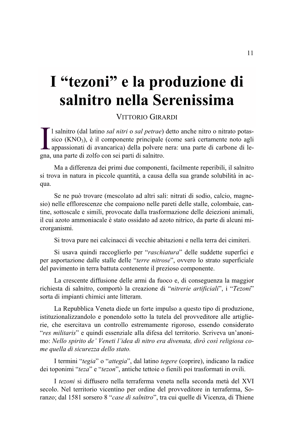 I “Tezoni” E La Produzione Di Salnitro Nella Serenissima VITTORIO GIRARDI