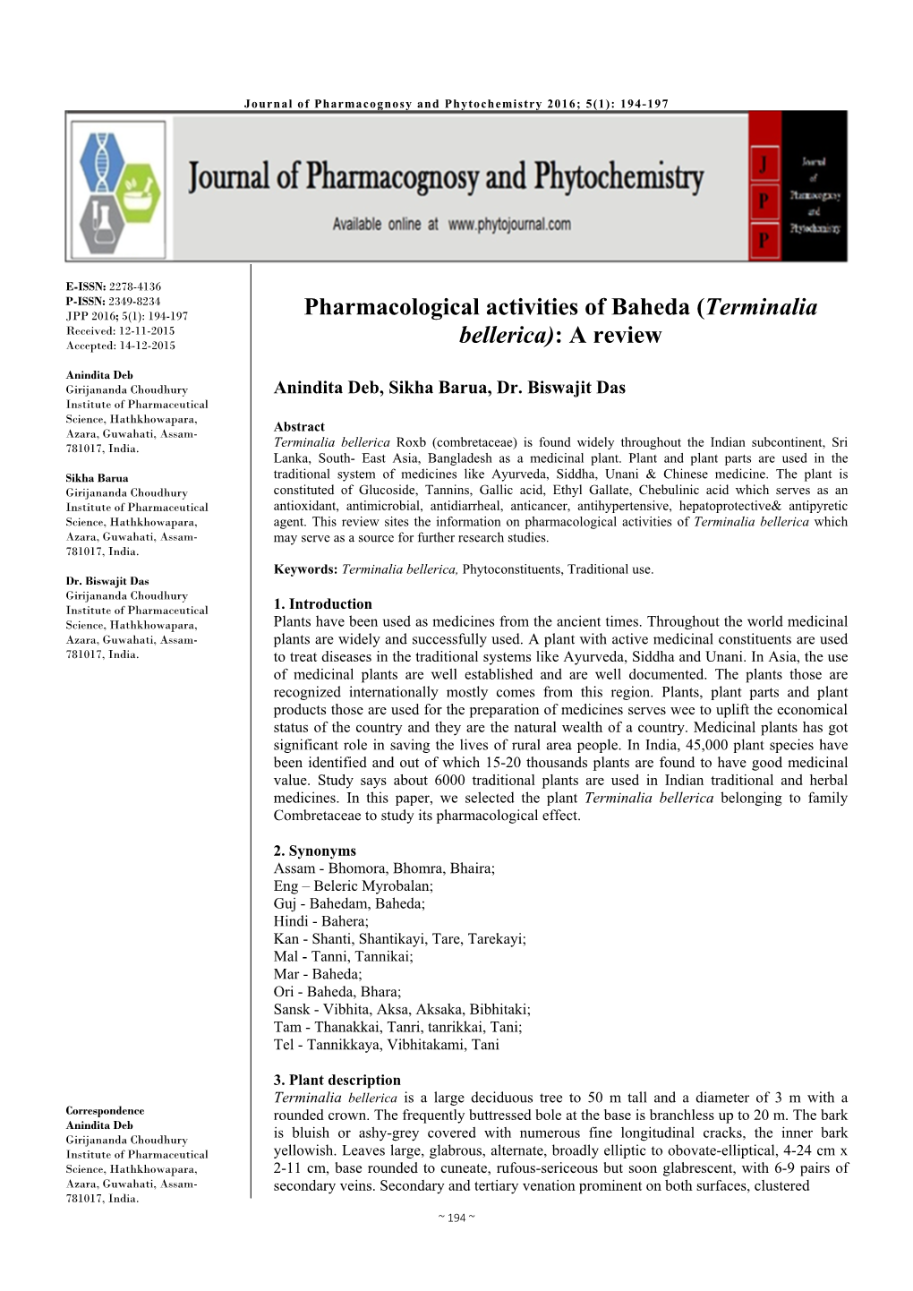 Pharmacological Activities of Baheda (Terminalia Bellerica): a Review