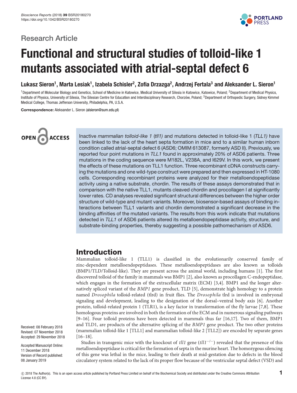 Functional and Structural Studies of Tolloid-Like 1 Mutants Associated with Atrial-Septal Defect 6