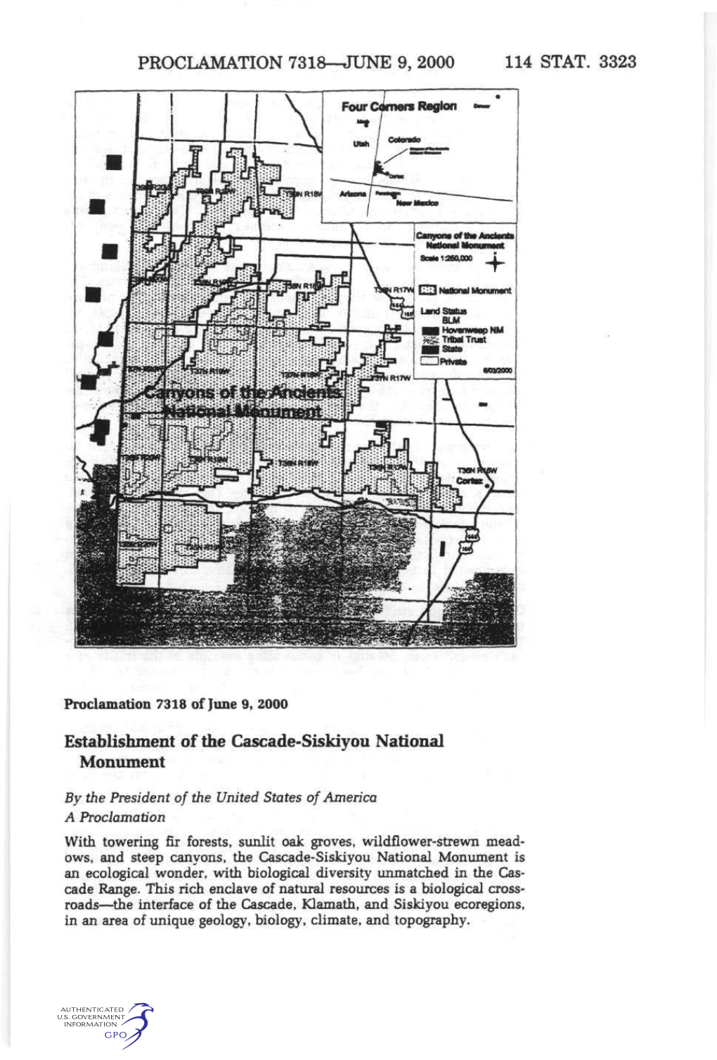 PROCLAMATION 731&-JUNE 9, 2000 114 STAT. 3323 Establishment Of