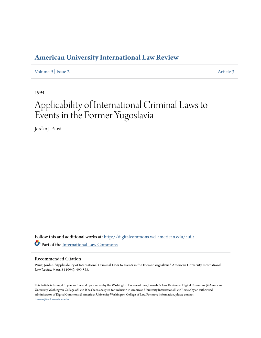 Applicability of International Criminal Laws to Events in the Former Yugoslavia Jordan J