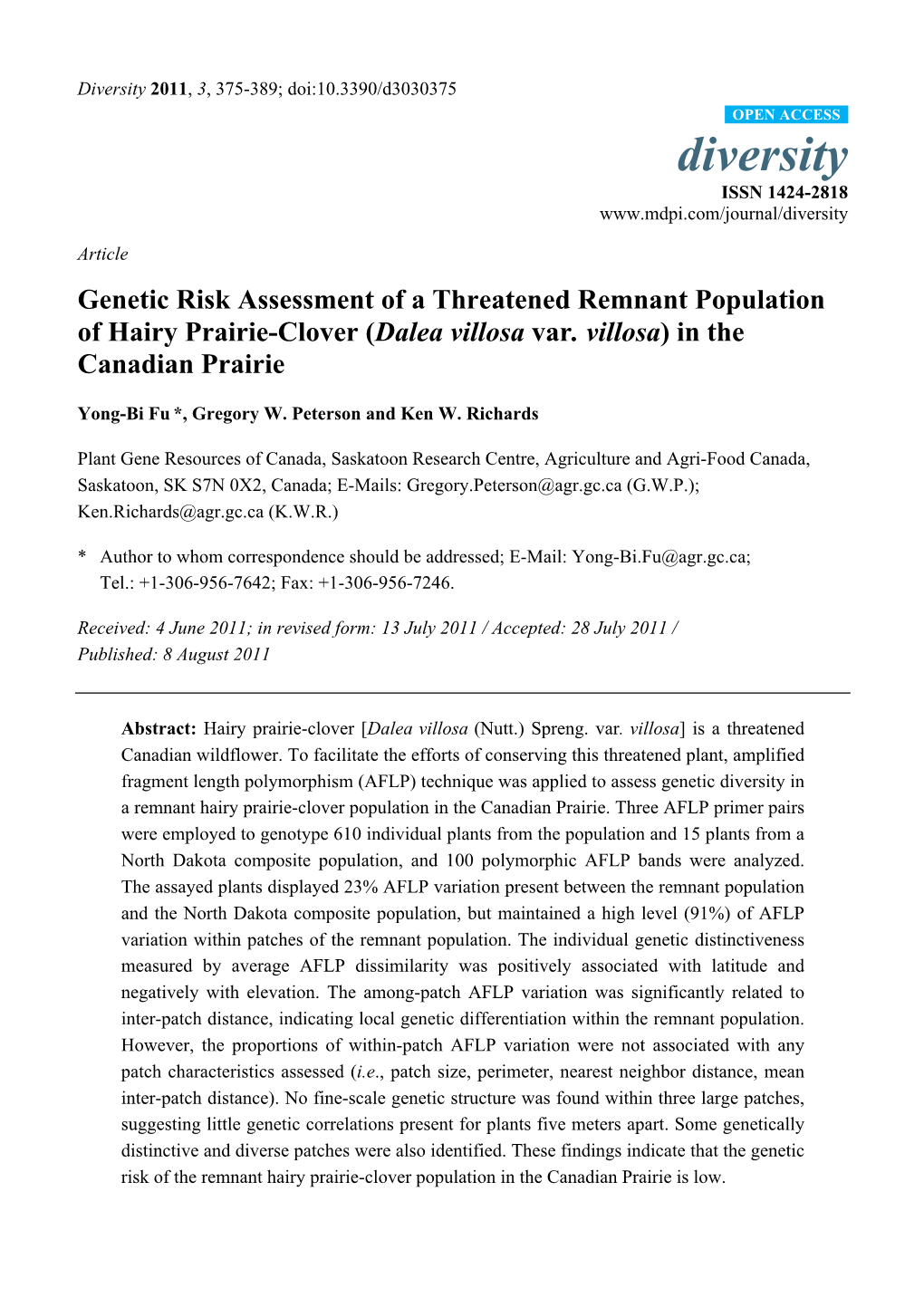 Genetic Risk Assessment of a Threatened Remnant Population of Hairy Prairie-Clover (Dalea Villosa Var