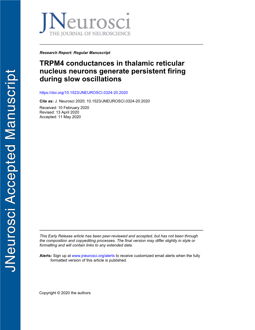 TRPM4 Conductances in Thalamic Reticular Nucleus Neurons Generate Persistent Firing During Slow Oscillations