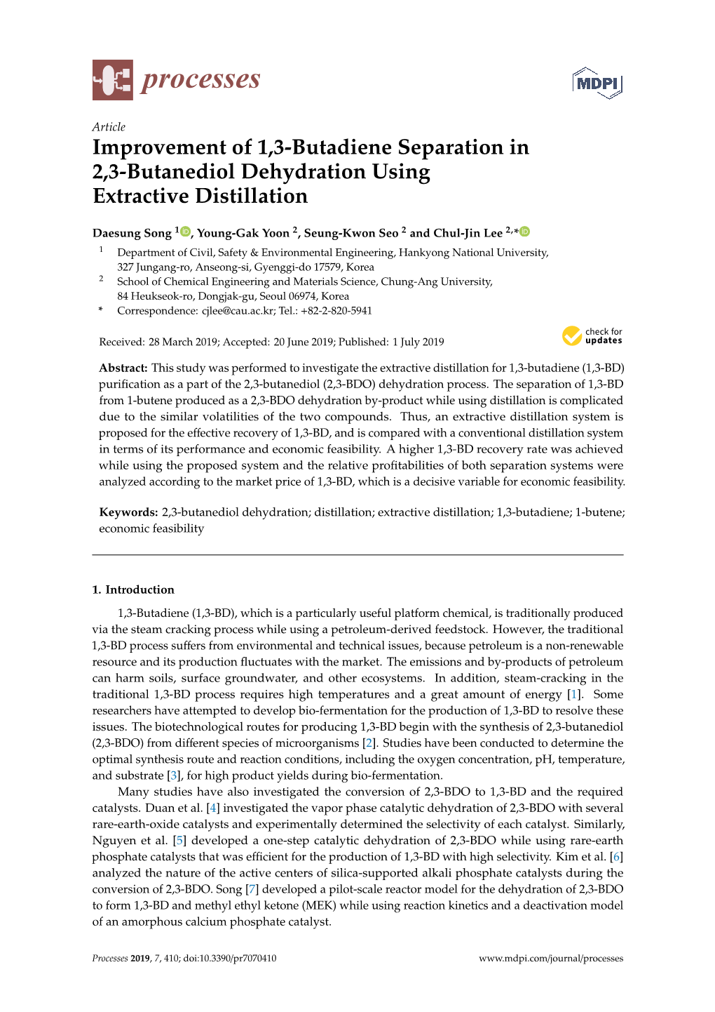 Improvement of 1,3-Butadiene Separation in 2,3-Butanediol Dehydration Using Extractive Distillation