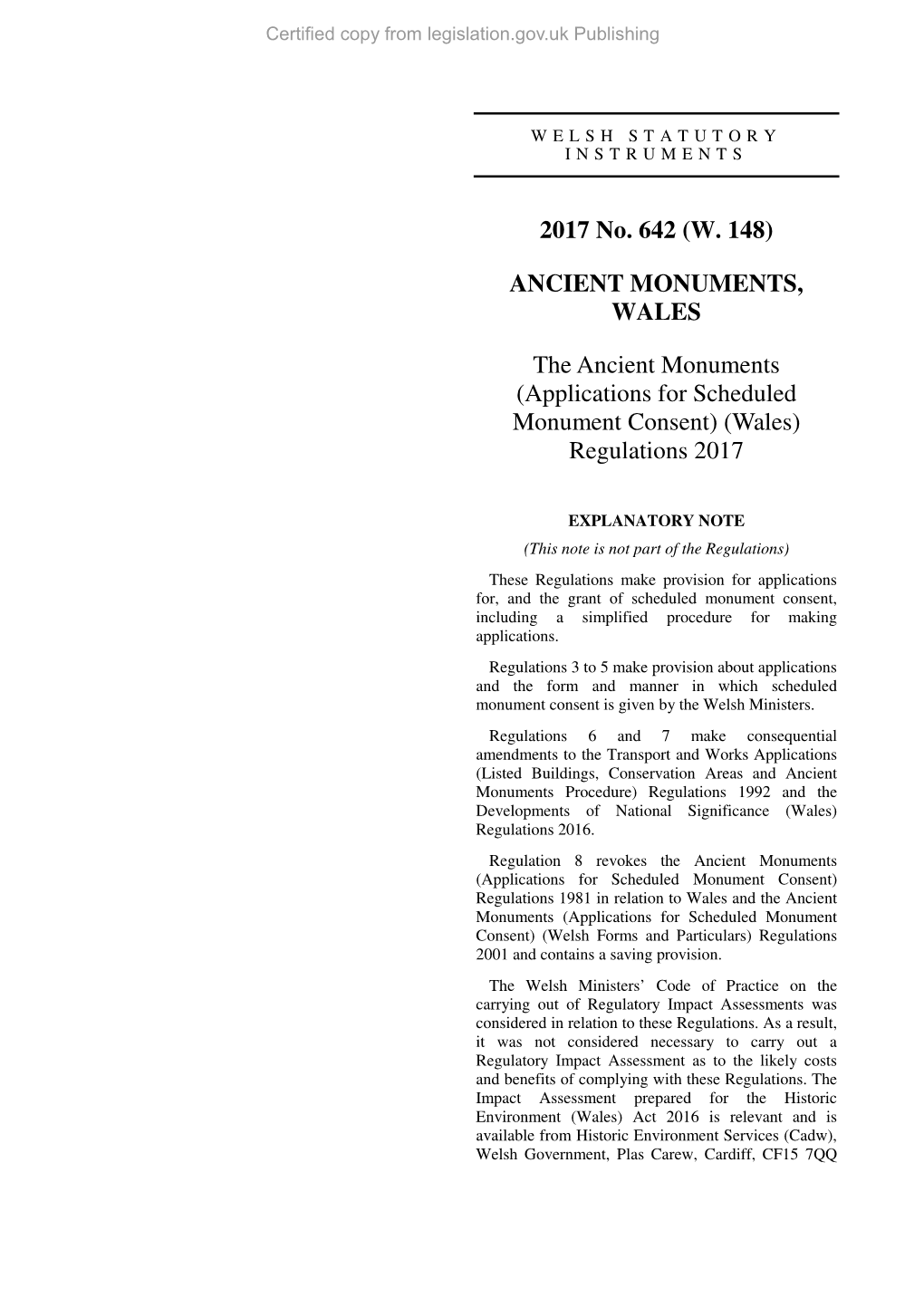 The Ancient Monuments (Applications for Scheduled Monument Consent) (Wales) Regulations 2017