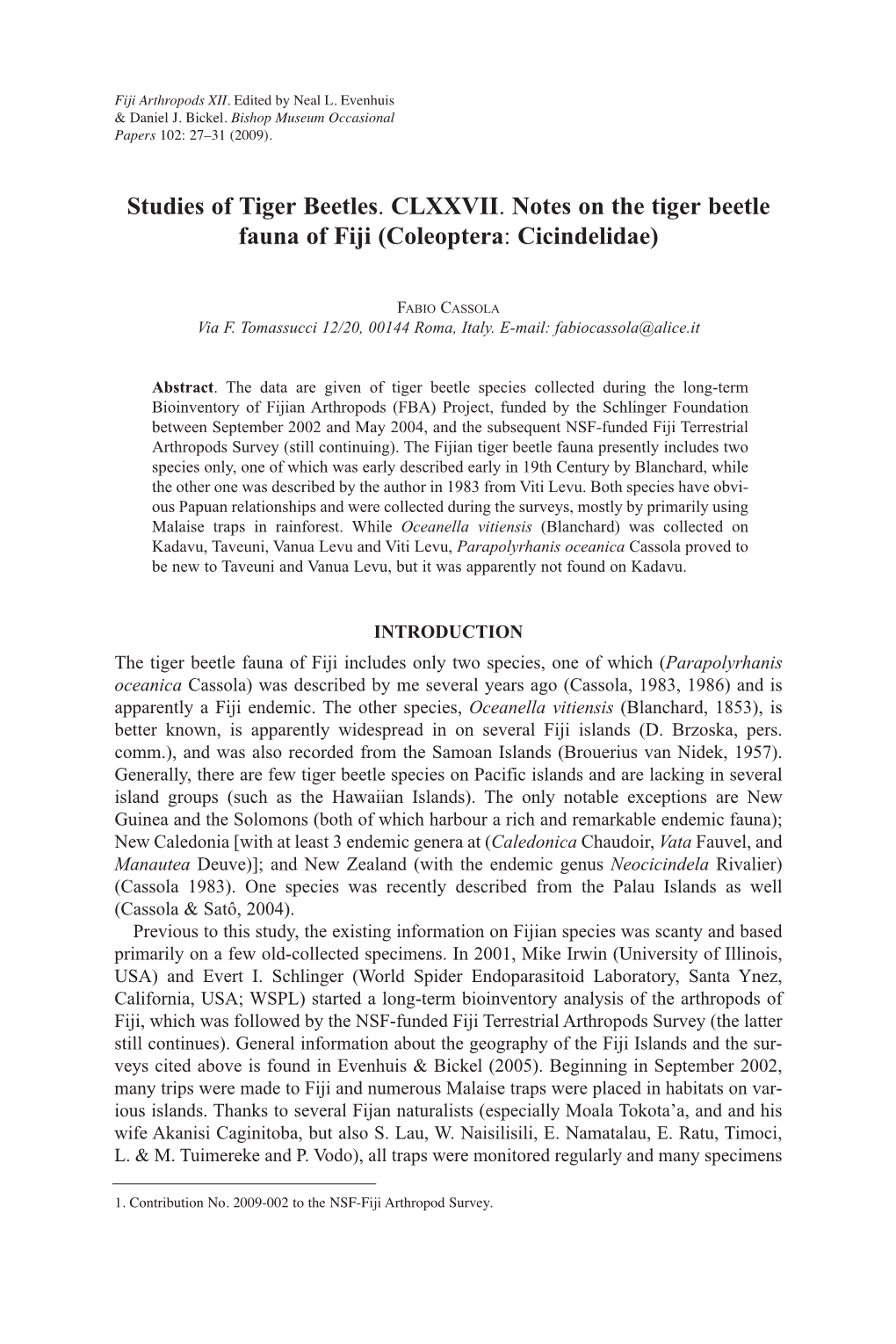 Studies of Tiger Beetles. CLXXVII. Notes on the Tiger Beetle Fauna of Fiji