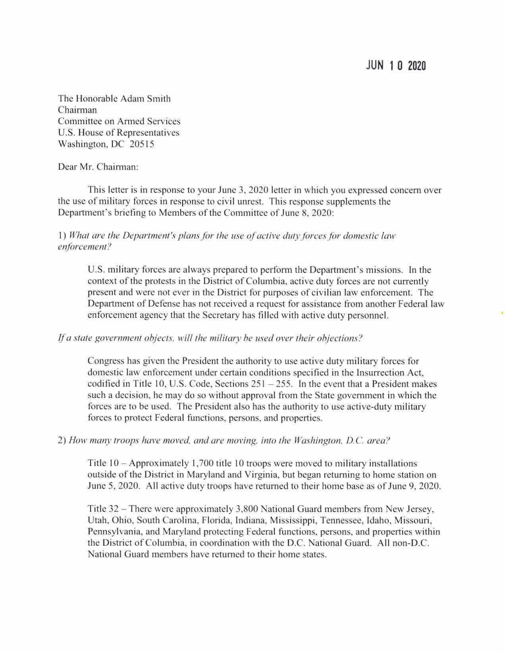 Response Letter from Secretary Esper and General Milley to House