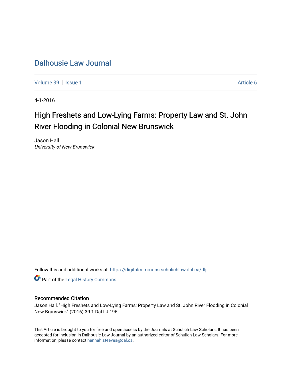 High Freshets and Low-Lying Farms: Property Law and St. John River Flooding in Colonial New Brunswick