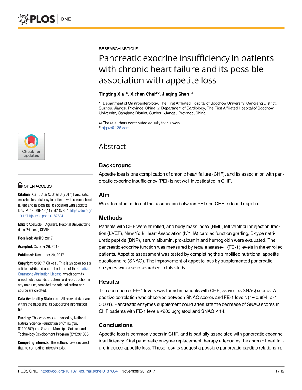 Pancreatic Exocrine Insufficiency in Patients with Chronic Heart Failure and Its Possible Association with Appetite Loss
