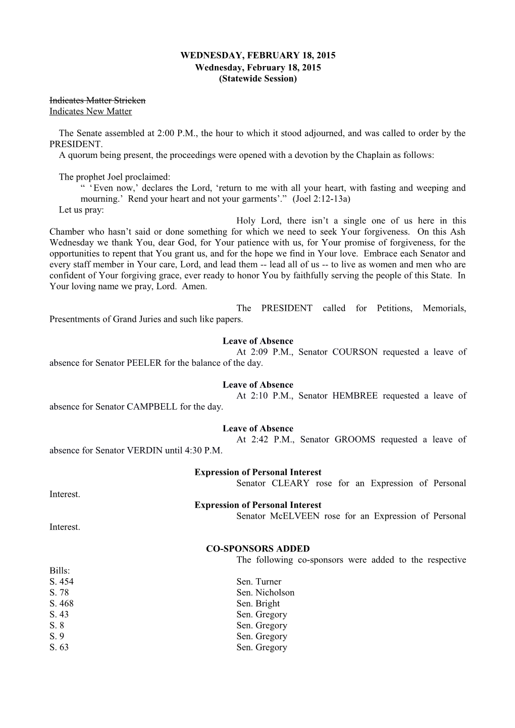 Senate Journal for 2/18/2015 - South Carolina Legislature Online