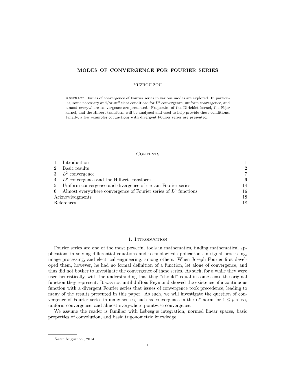 MODES of CONVERGENCE for FOURIER SERIES Contents 1