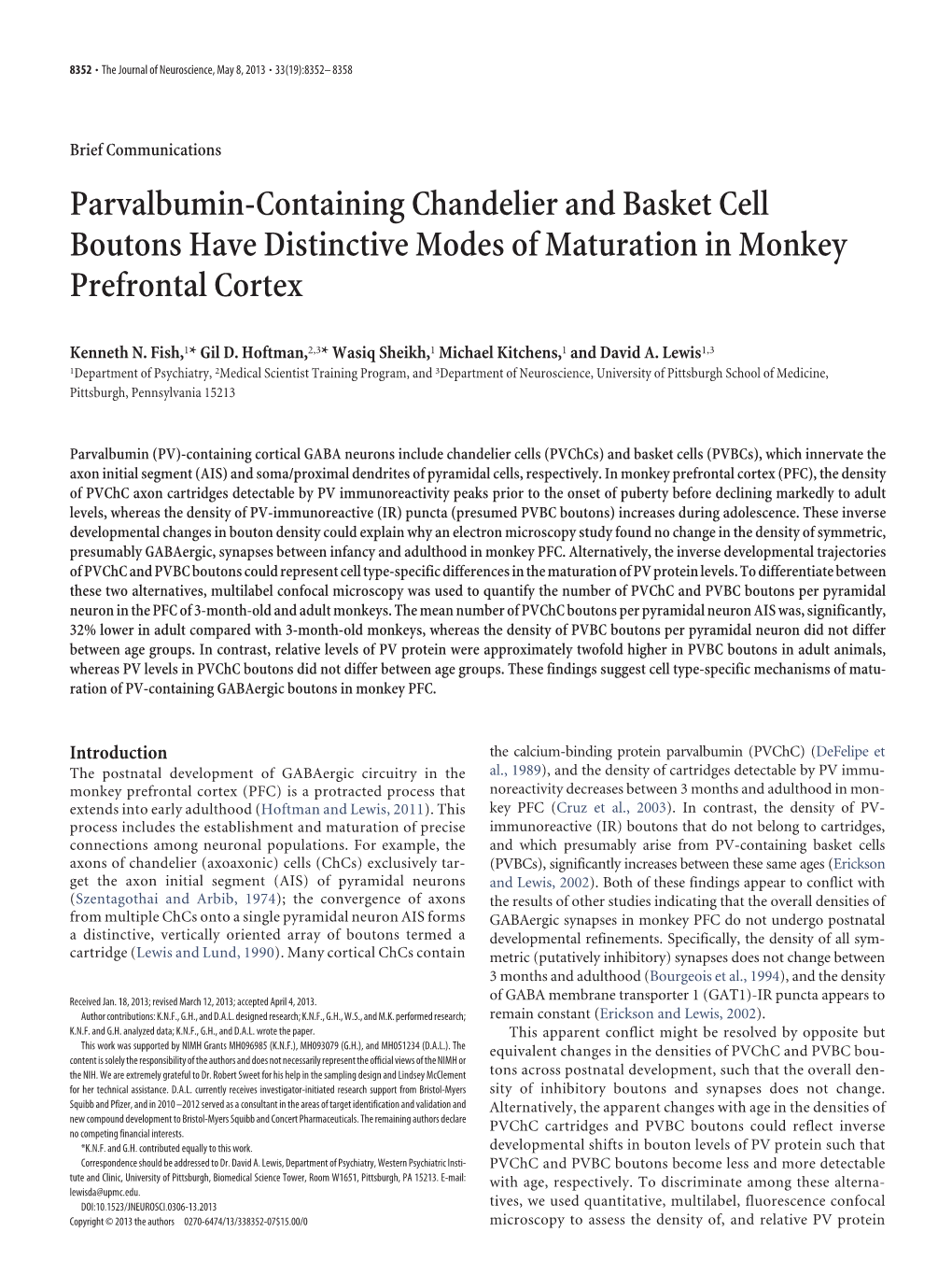 Parvalbumin-Containing Chandelier and Basket Cell Boutons Have Distinctive Modes of Maturation in Monkey Prefrontal Cortex