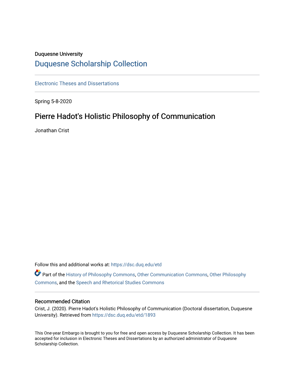 Pierre Hadot's Holistic Philosophy of Communication