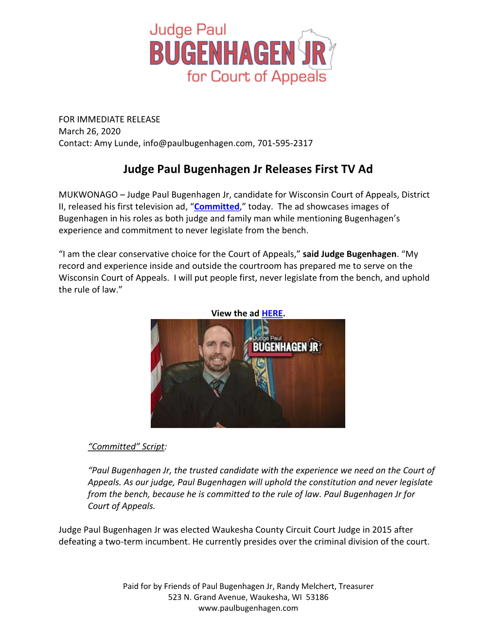 Judge Paul Bugenhagen Jr Releases First TV Ad