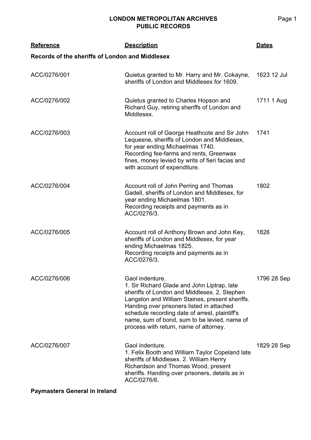 London Metropolitan Archives Public Records