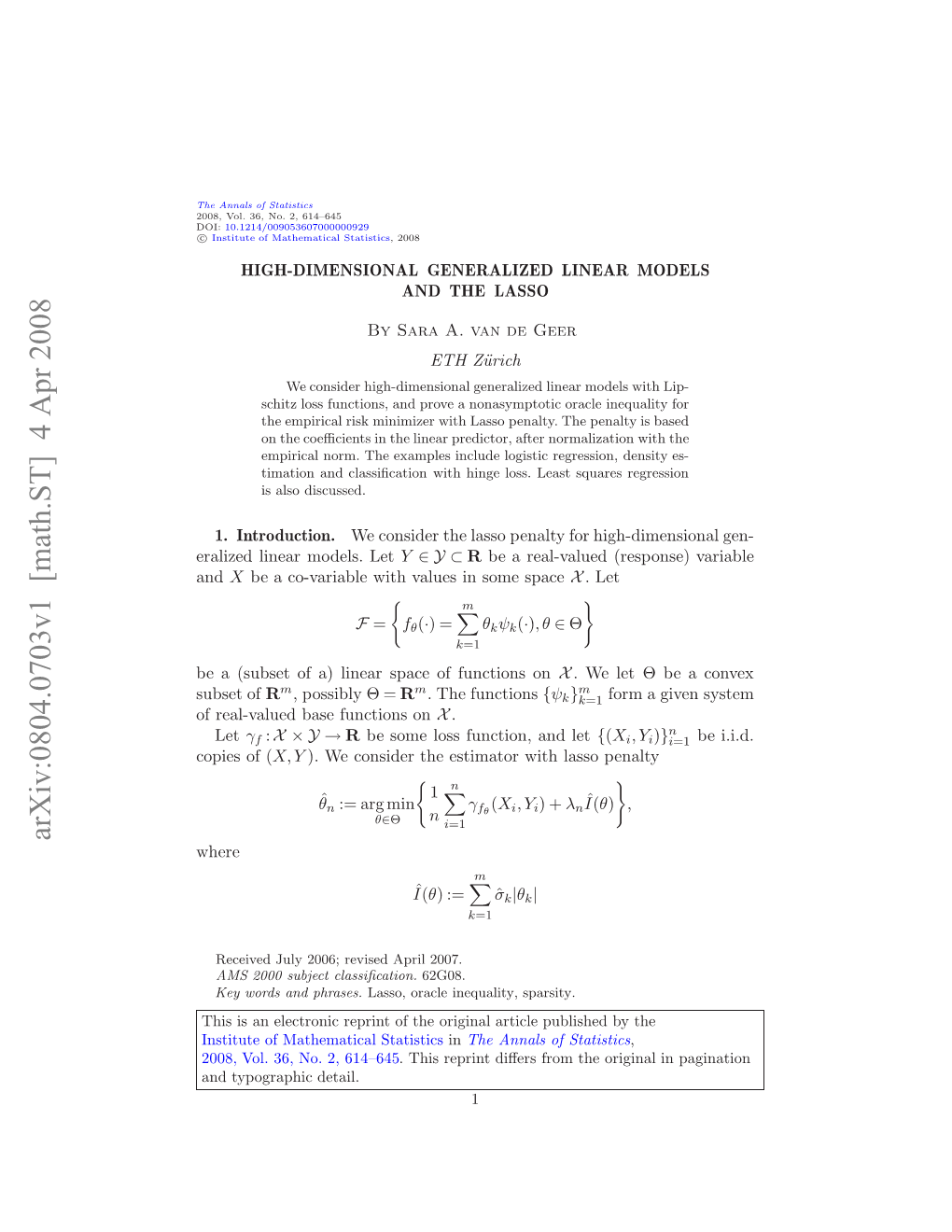 High-Dimensional Generalized Linear Modelsand the Lasso